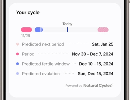 Cycle tracking calendar view with settings menu open in Samsung Health.
