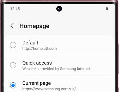 List of options for Homepage in the Samsung Internet app