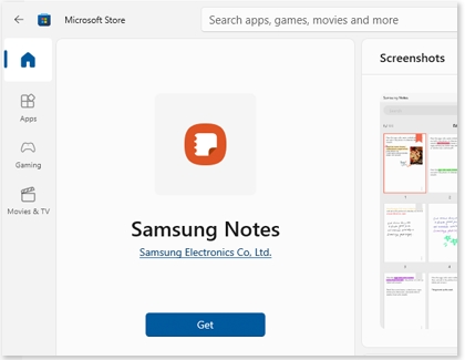 Get button under Samsung Notes in the Microsoft Store