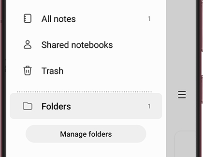 Samsung Notes menu with a list of folders