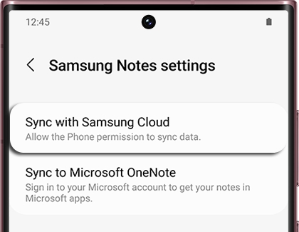 Sync with Samsung Cloud highlighted in the Samsung Notes app