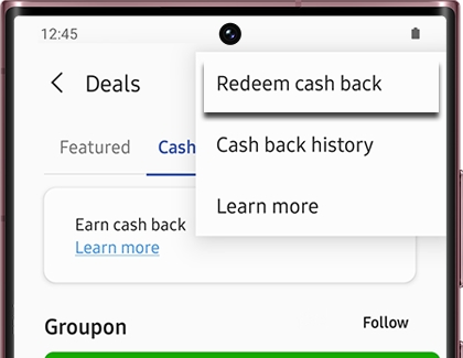 Redeem cash back highlighted in the Samsung Pay app