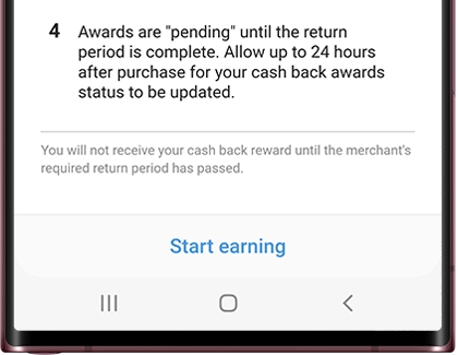 List of information about Cash back rewards on Samsung Wallet