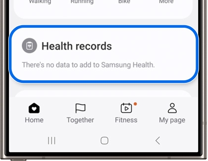 Samsung Health screen showing 'Health records' with the message 'There's no data to add to Samsung Health'.
