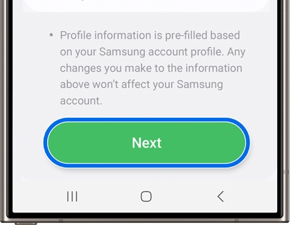 Samsung Health screen showing a 'Next' button to proceed after reviewing pre-filled profile information.