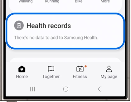 Samsung Health screen showing 'Health records' with the message 'There's no data to add to Samsung Health'.