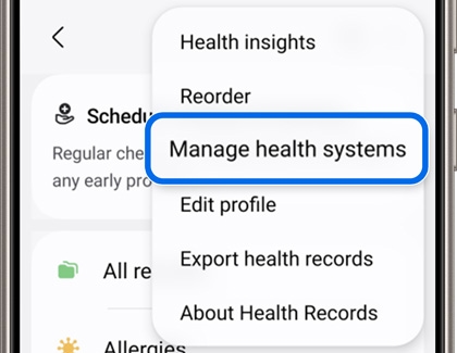 Samsung Health menu showing 'Manage health systems' highlighted.