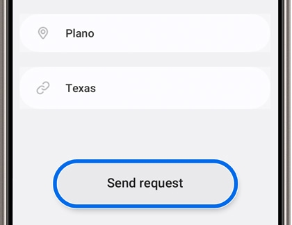 Samsung Health screen with an option to 'Send request' after entering location information including city and state.