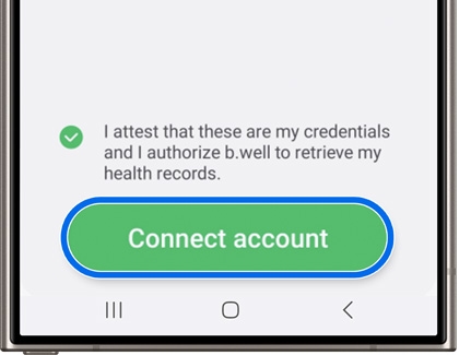 Samsung Health screen showing a 'Connect account' button after confirming credentials and authorizing retrieval of health records.