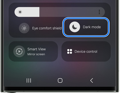 Dark Mode button highlighted in Quick Panel