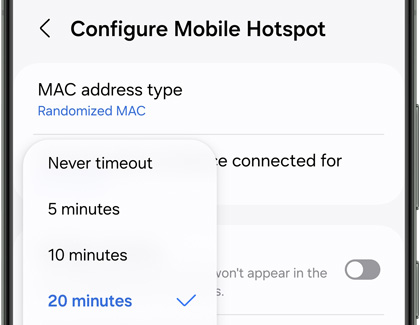 List of timeout options for Mobile Hotspot