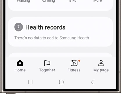 Samsung Health screen displaying 'Health records' with the message 'There's no data to add to Samsung Health'.