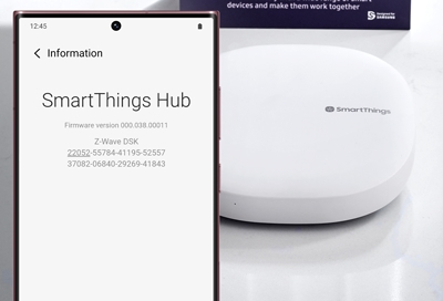 SmartThings Hub next to a Galaxy phone displaying Hub details