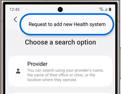 Samsung Health screen showing 'Request to add new Health system' highlighted, with 'Provider' as a search option for health services.