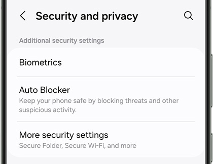 List of settings under Security and privacy