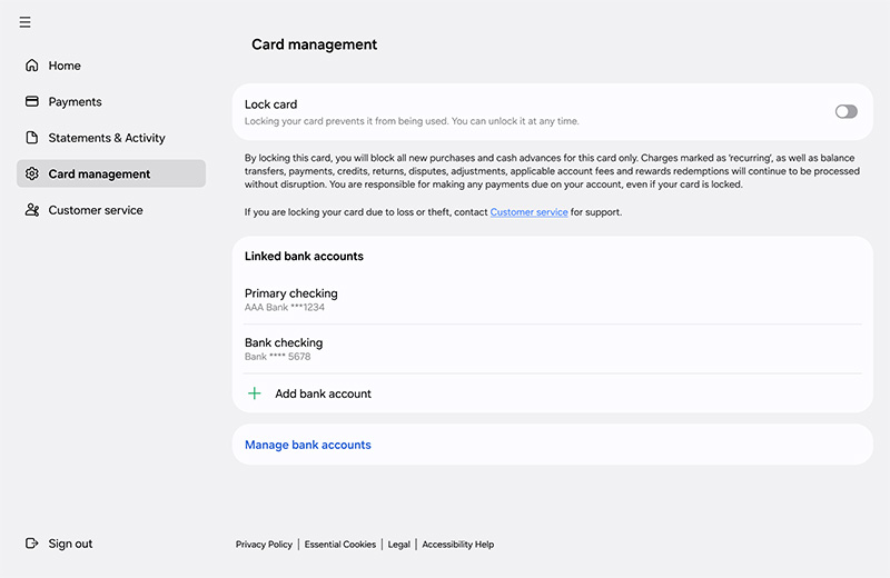 A desktop web interface for the Card management settings page with an unselected toggle to lock the card and a list of linked bank accounts.