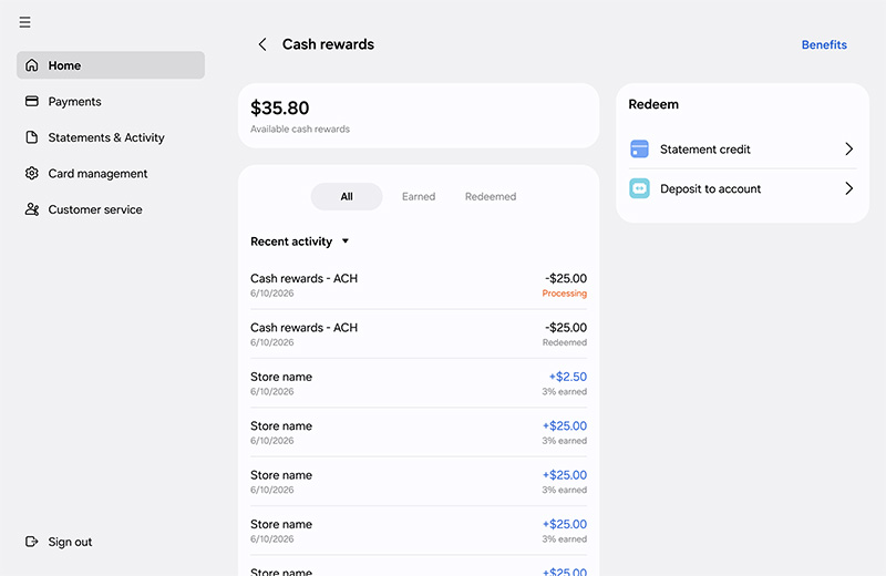 A desktop web interface for the Cash rewards dashboard displaying a balance and options to redeem via statement credit or bank deposit.