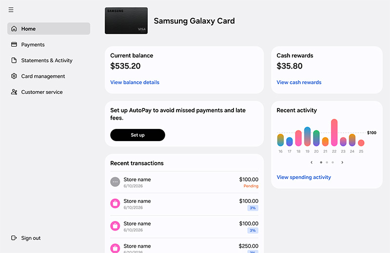 A desktop web interface for the Samsung Galaxy Card home page showing balance details, a button to set up autopay, and a recent activity chart.