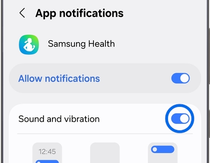 Samsung Health notification settings showing the Sound and vibration option.