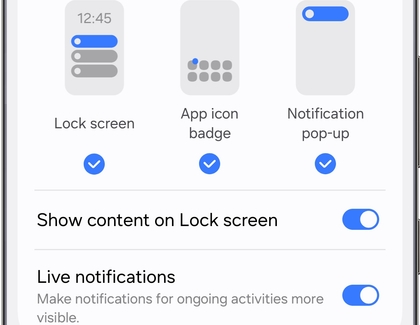 Samsung Health notification settings showing the Lock screen, App icon badge, and Notification pop-up options.