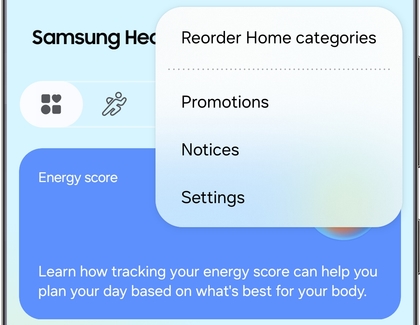 Samsung Health More options menu showing the Reorder Home categories option.