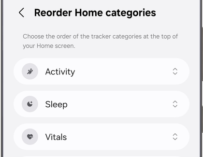 Reorder Home categories screen in Samsung Health showing available Home categories.