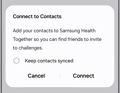 Samsung Health Connect to Contacts prompt with the Connect button.