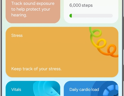 Samsung Health Home tab showing the Stress tracker.