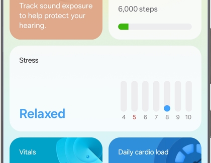 Samsung Health Home tab showing the Stress tracker.