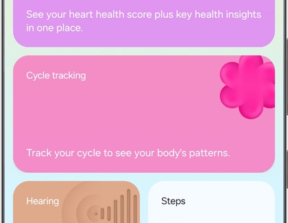 Samsung Health Home tab showing the Cycle tracking tile.