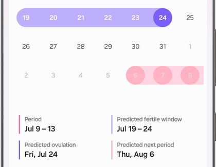 Samsung Health Cycle tracking screen showing the calendar and cycle details.