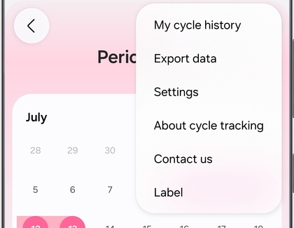 Samsung Health Cycle tracking screen showing the More options menu.