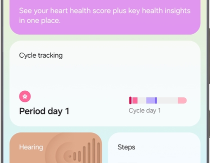 Samsung Health Home tab showing the Cycle tracking tile with cycle details.