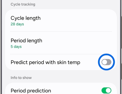 Samsung Health Cycle tracking settings showing the Predict period with skin temp option.