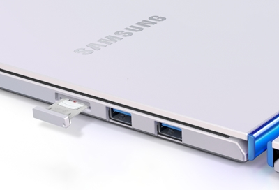 Samsung Laptop with an SD card being inserted