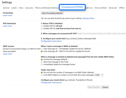 A computer screen showing email settings with the Forwarding and POP IMAP tab highlighted by a blue rounded box.
