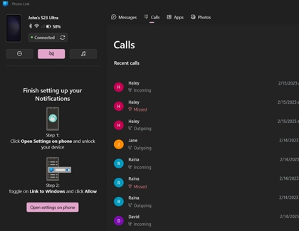 A list of calls in the Your phone app on a PC