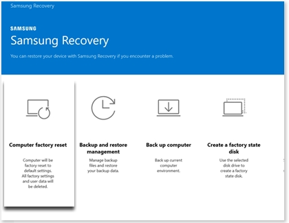 Computer factory reset highlighted in the Samsung Recovery app