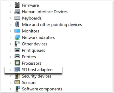 SD host adapters highlighted on a Windows 11 PC