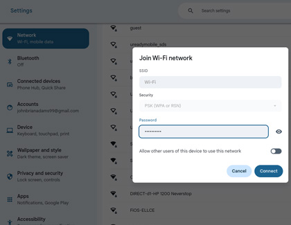 Join Wi-Fi network prompt displaying SSID, Security, Password, and Connect options