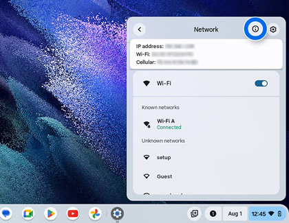 i icon highlighted in the Network settings of the taskbar