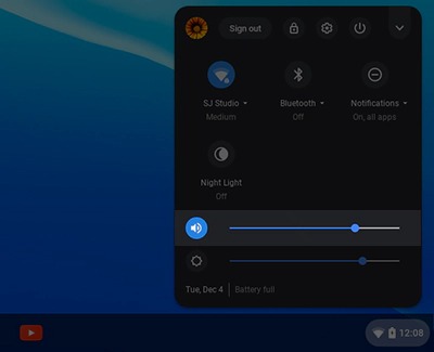 Volume slider on a Chromebook highlighted in the bottom right corner