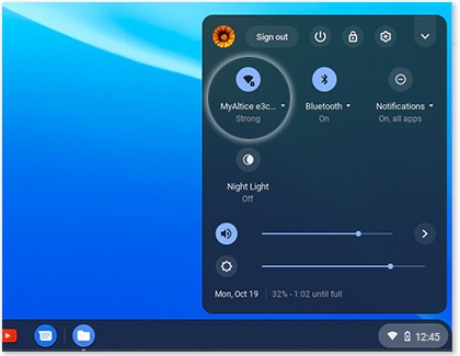 Network icon highlighted in the Status tray of a Samsung Chromebook