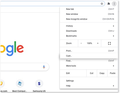 Cast highlighted in Chrome on a Samsung Chromebook