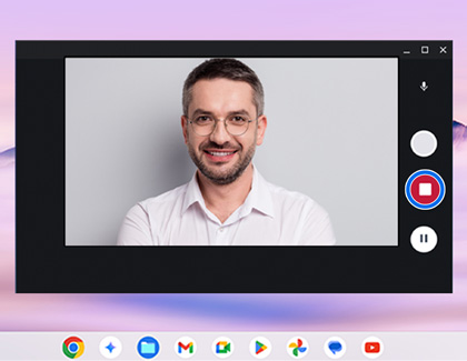 Stop icon highlighted in the Camera app on a Samsung Chromebook