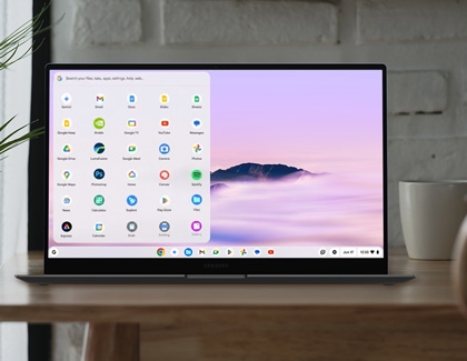 Chromebook placed on a desk while displaying the apps drawer