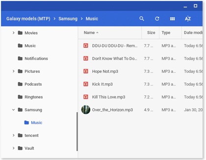 A list of music files in the Music folder under Samsung