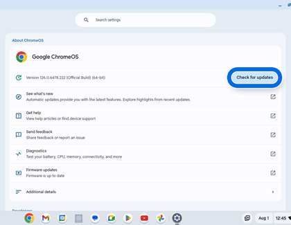 Check for updates button highlighted in About ChromeOS settings