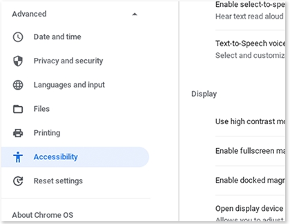 A list of accessibility features on a Samsung Chromebook