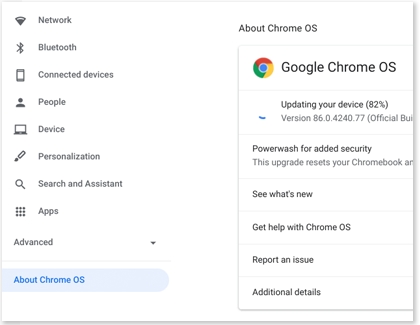 Update status below Google Chrome OS on Samsung Chromebook